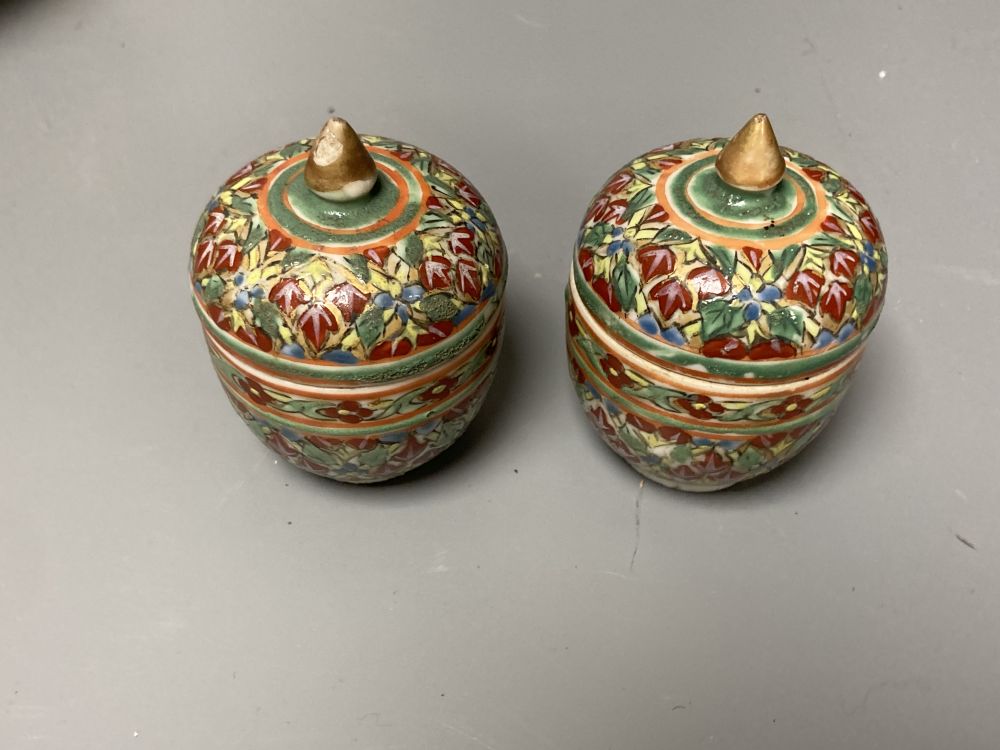 A Chinese blue and white vase & cover, a celadon vase, pair pots & covers,  miniature dish, cast iron bronze an 2 other items
